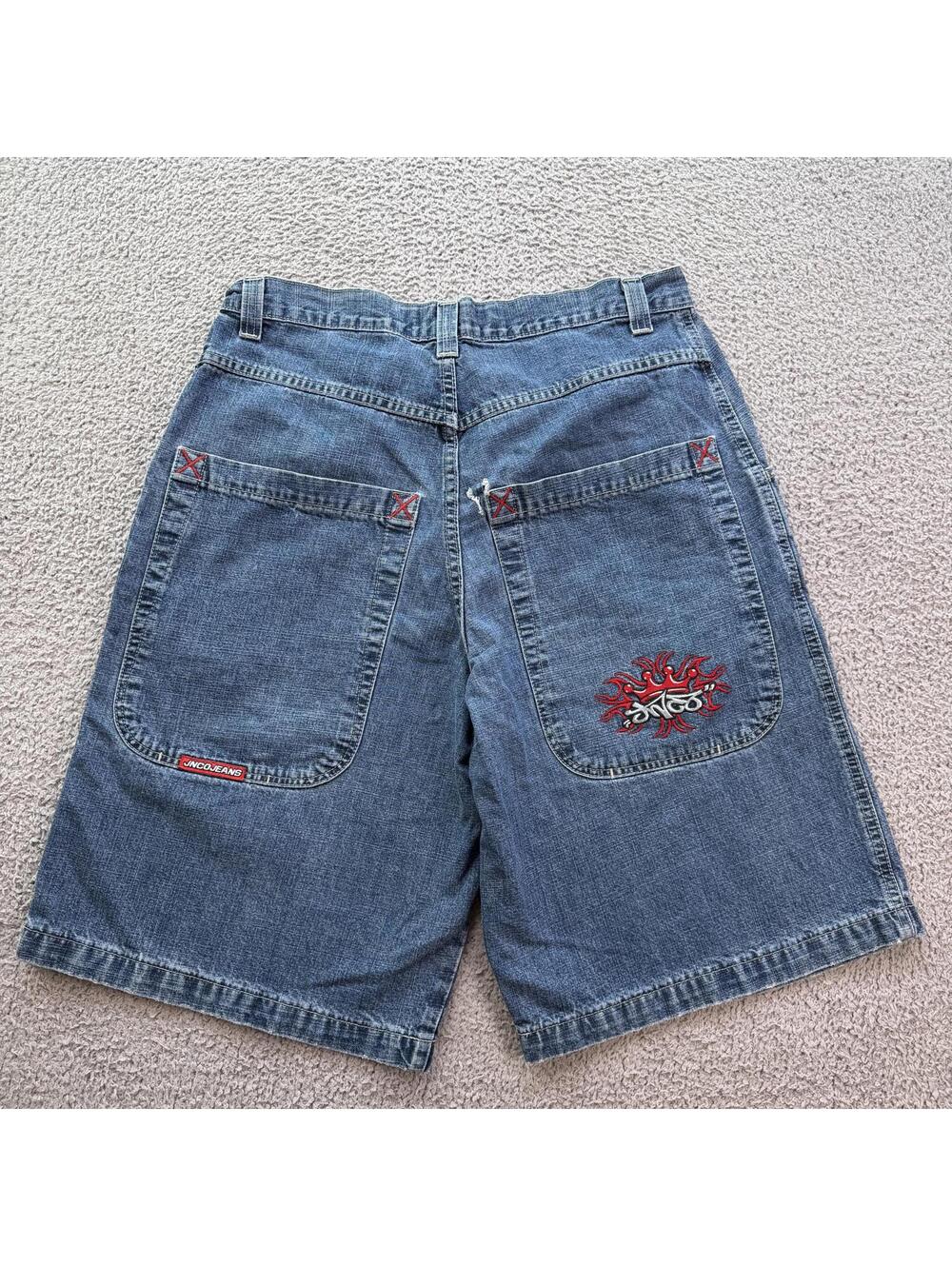 Vintage JNCO Jeans Denim Shorts Mens 34 Blue Y2K Flame Logo Baggy Skater‎ Street